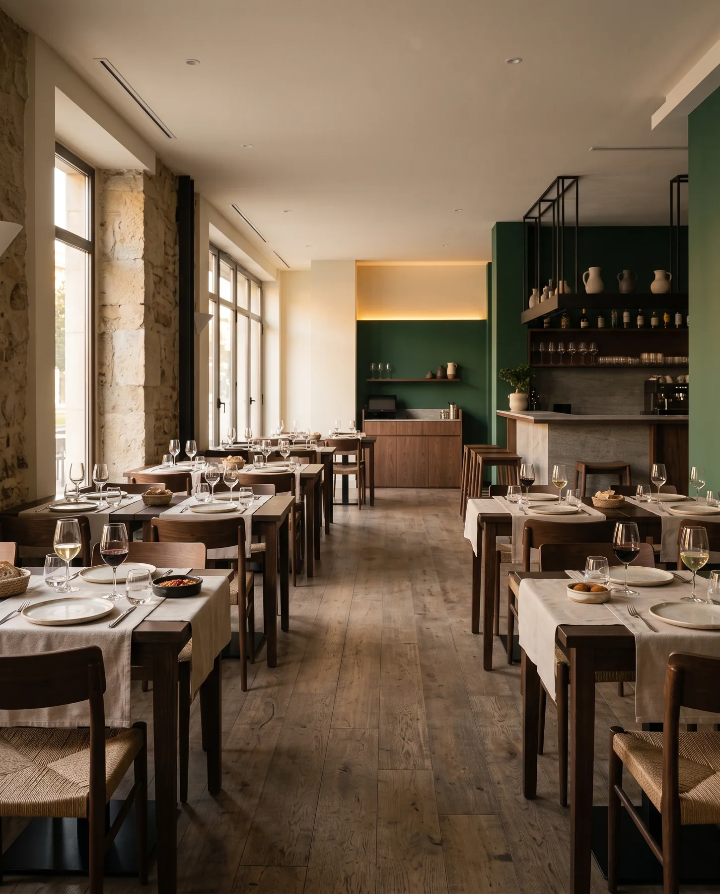 Interior cálido de Casa Brasa con mesas de madera
